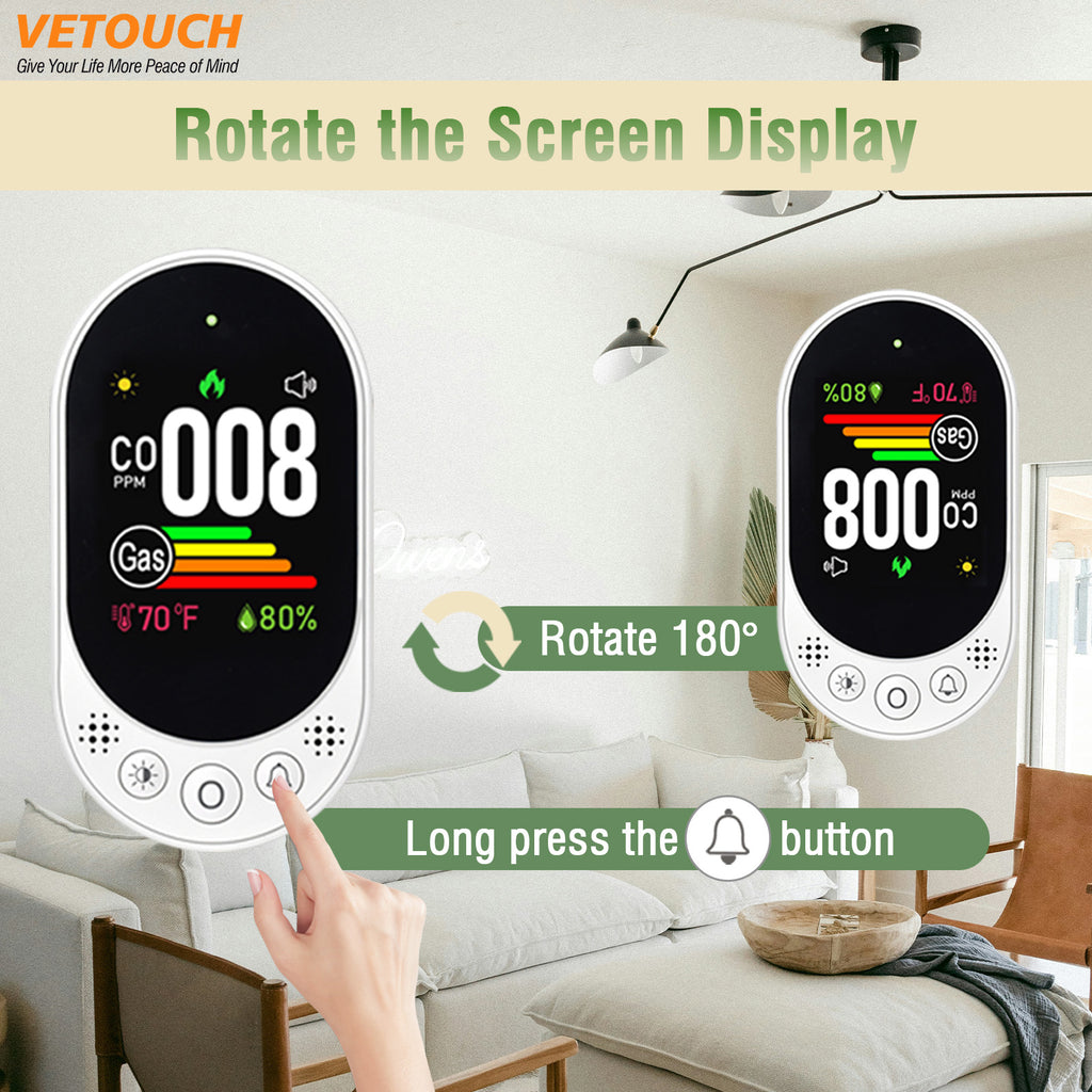 VETOUCH 4-in-1 Plug-In CO & Gas Detector with Temp/Humidity, 1.83" Screen, 85dB Alarm, for Home RV