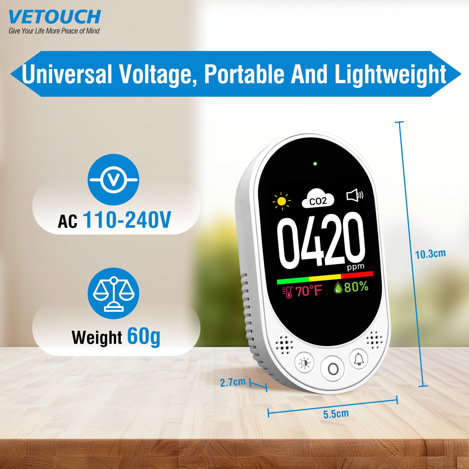 VETOUCH Plug-In CO2 Detector with Temp/Humidity, 400-4999ppm, 1.83" Display, Adjustable Alarm, for Home Office RV