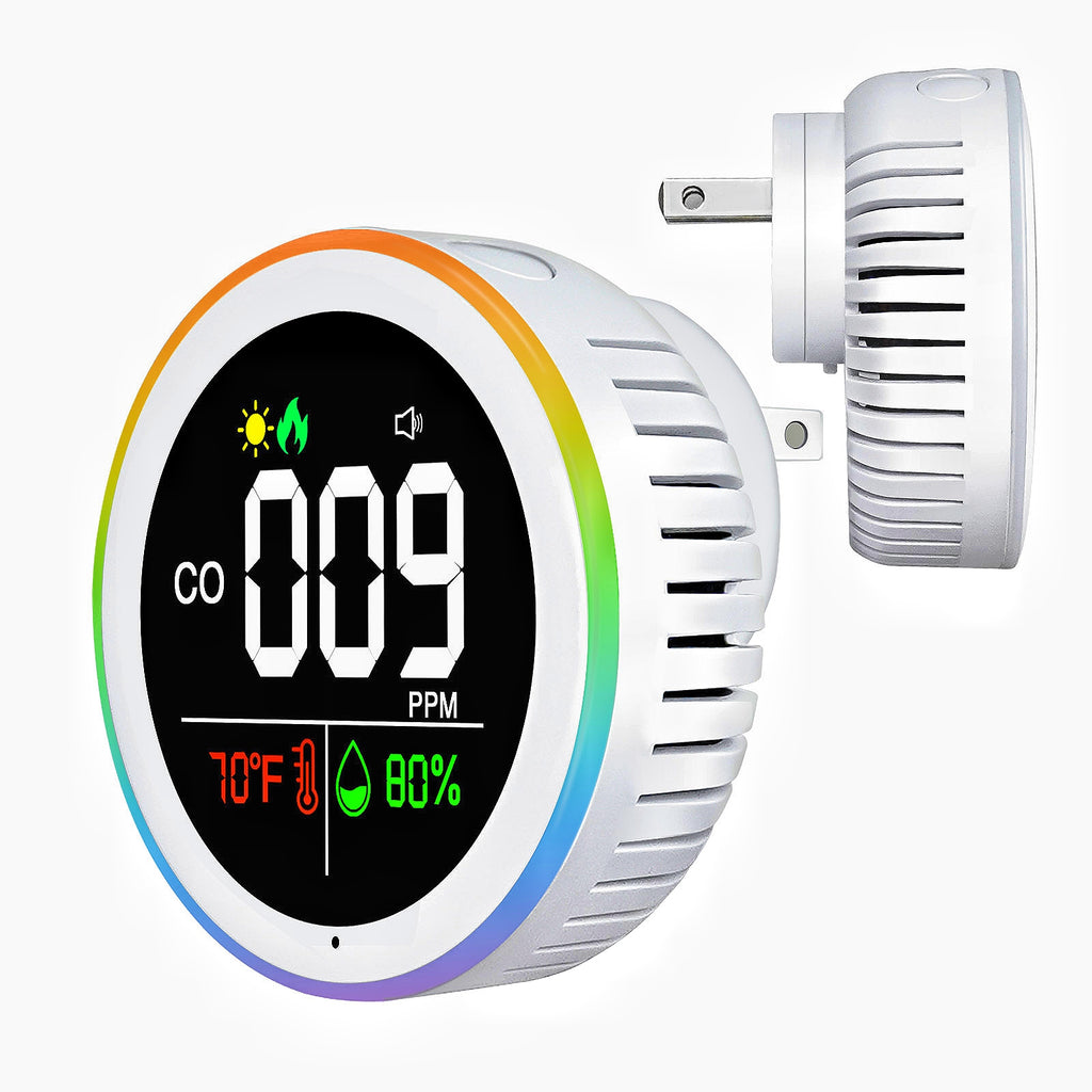 VETOUCH Plug-In CO Detector, Color Ring Light, 3-in-1 Temp/Humidity, 85dB Alarm