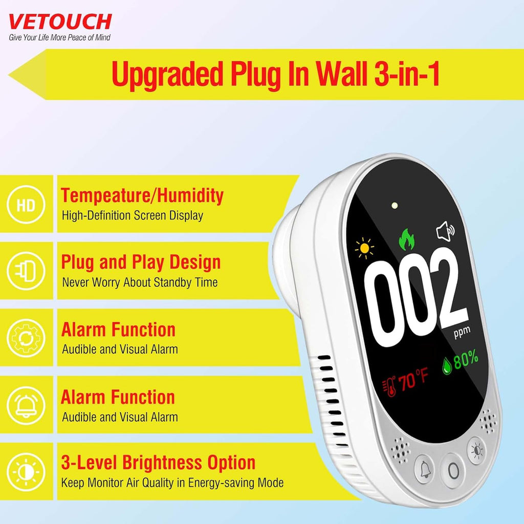 VETOUCH Plug-In CO Detector with Temp/Humidity, 1.83" Display, 85dB Alarm, for Home RV