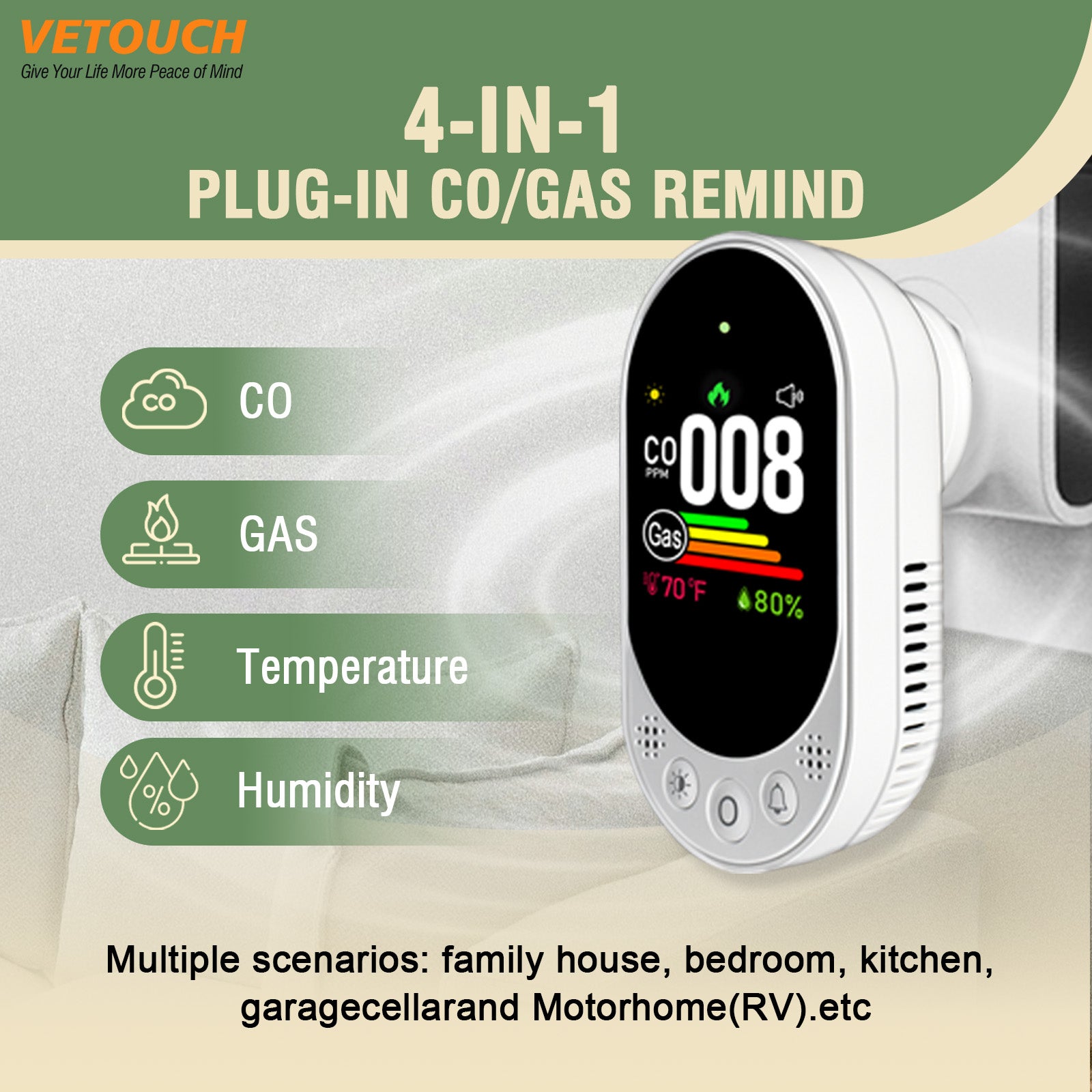 VETOUCH 4-in-1 Plug-In CO & Gas Detector with Temp/Humidity, 1.83" Screen, 85dB Alarm, for Home RV