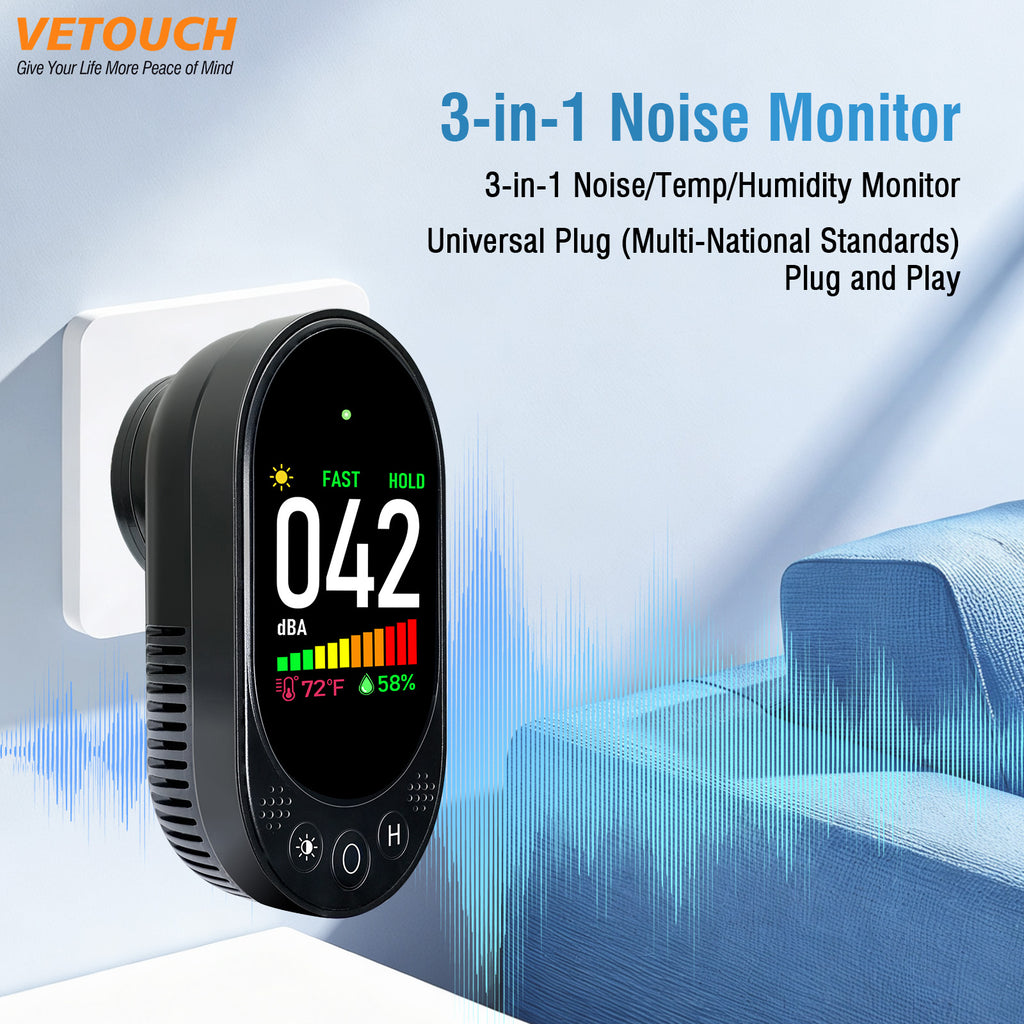 VETOUCH Plug-In Noise Detector with Temp/Humidity, 30-130dB, 1.83" Display, for Home Office RV