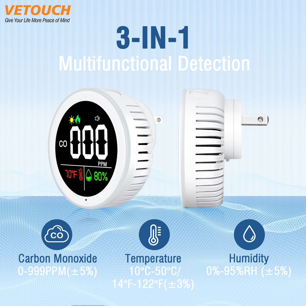 VETOUCH Plug-In CO Detector, Color Ring Light, 3-in-1 Temp/Humidity, 85dB Alarm