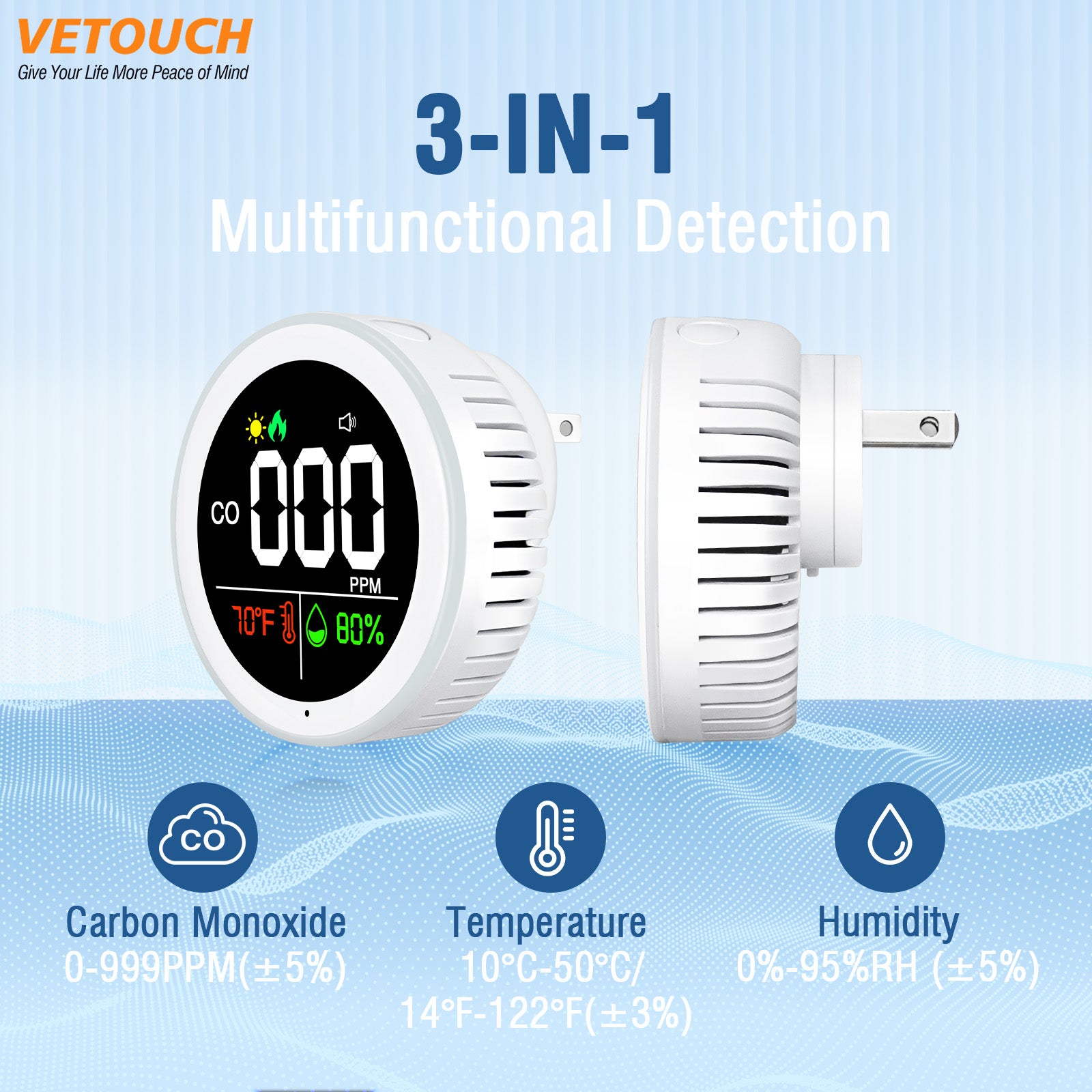 VETOUCH Plug-In CO Detector, Color Ring Light, 3-in-1 Temp/Humidity, 85dB Alarm