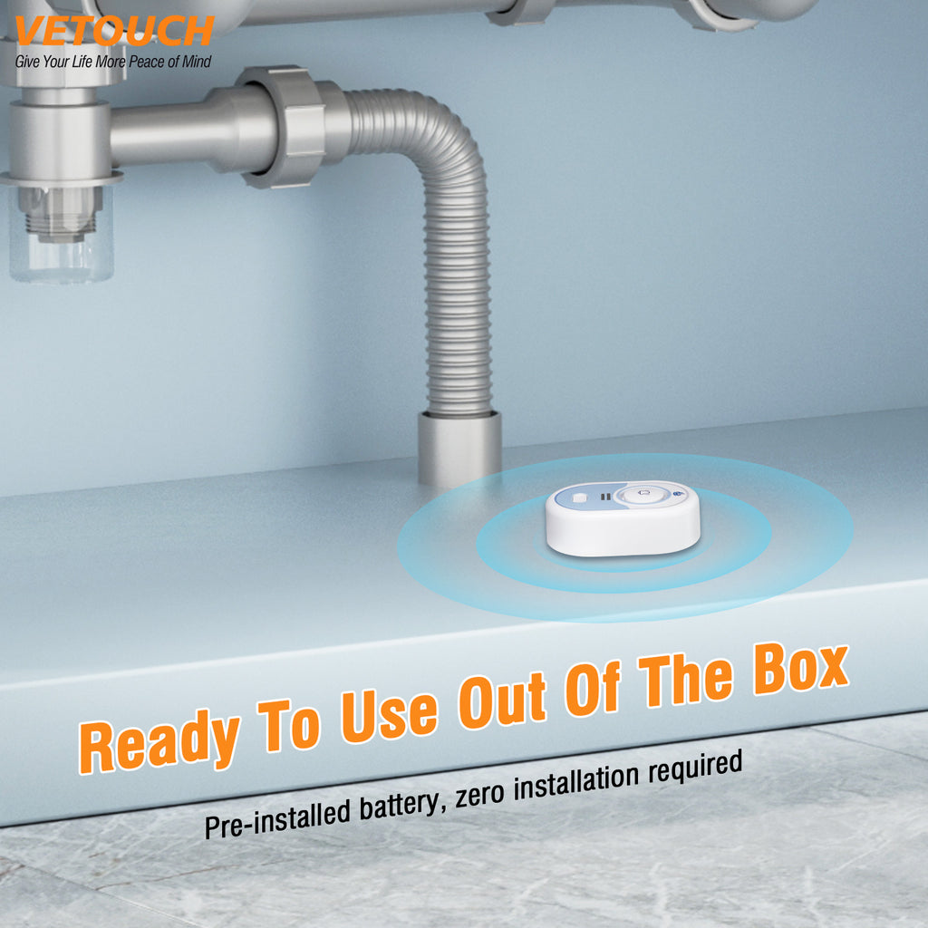 VETOUCH Water Leak Detector, 100dB Alarm, IP66, 5-Year Battery, Batteries Included