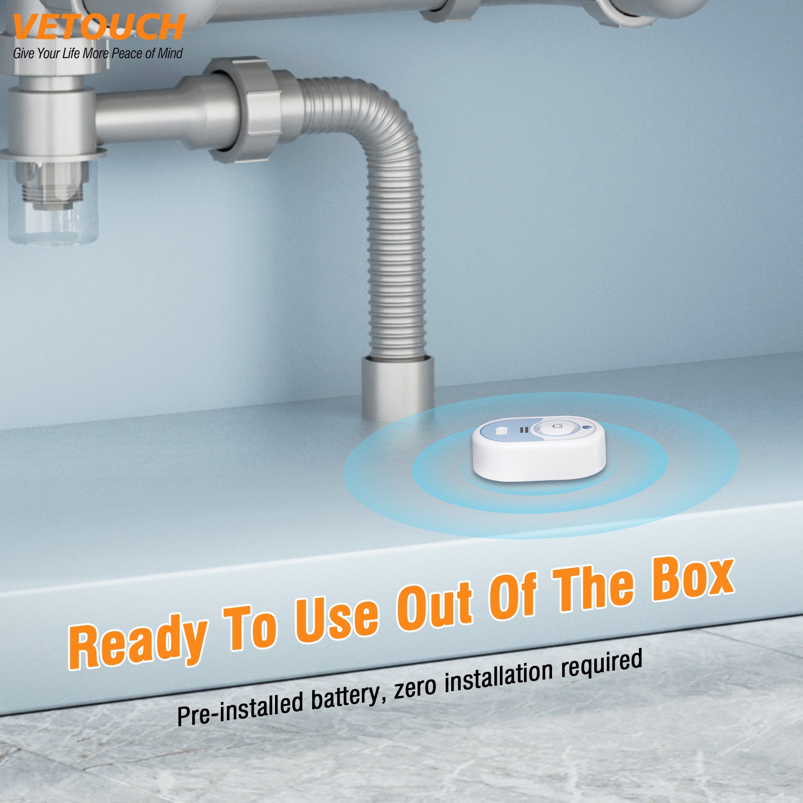 VETOUCH Water Leak Detector, 100dB Alarm, IP66, 5-Year Battery, Batteries Included