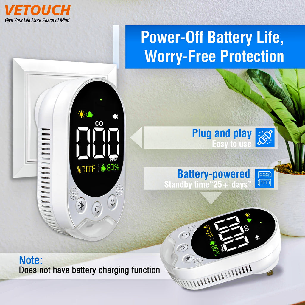 VETOUCH Plug-In CO Detector, Battery Backup, 3-in-1 Temp/Humidity, Emergency Light, 85dB Alarm