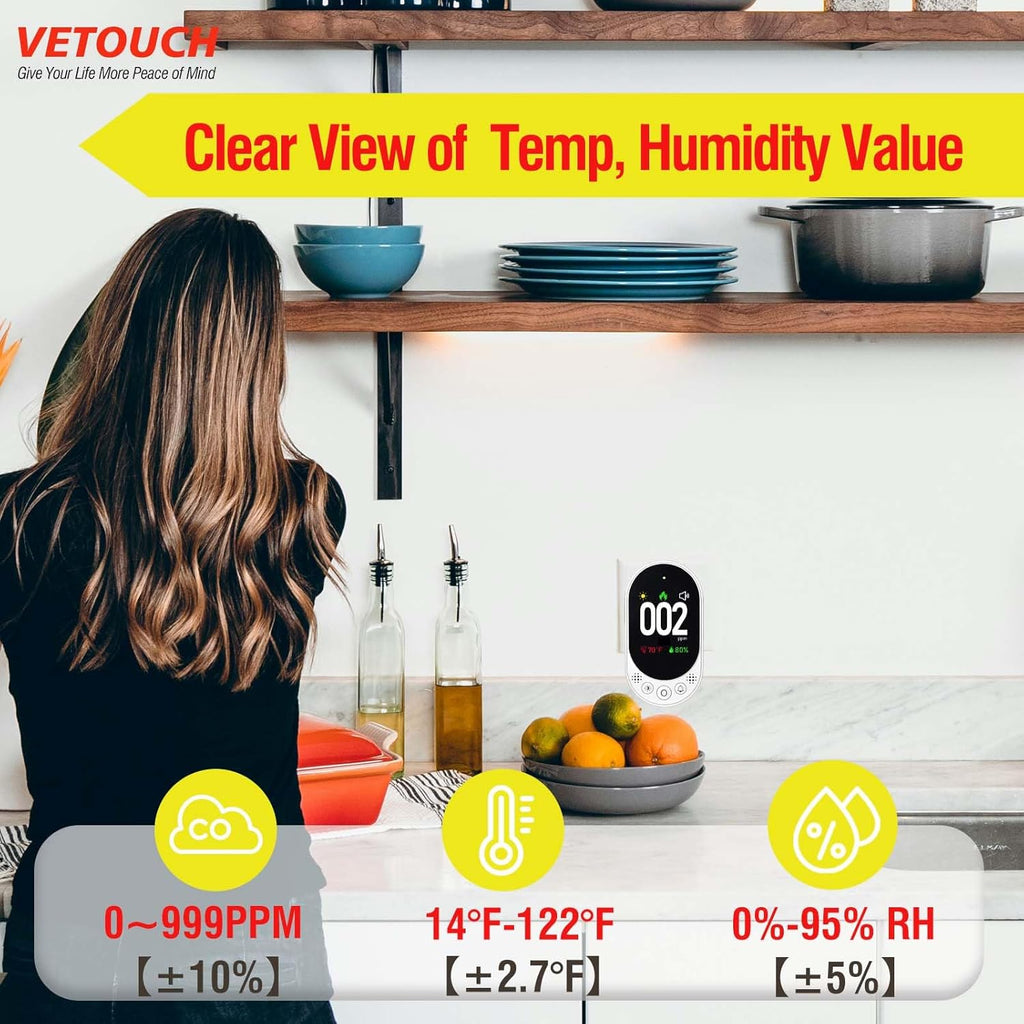 VETOUCH Plug-In CO Detector with Temp/Humidity, 1.83" Display, 85dB Alarm, for Home RV