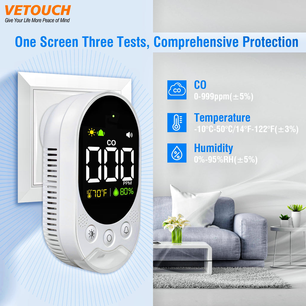 VETOUCH Plug-In CO Detector, Battery Backup, 3-in-1 Temp/Humidity, Emergency Light, 85dB Alarm