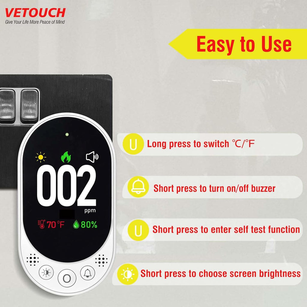 VETOUCH Plug-In CO Detector with Temp/Humidity, 1.83" Display, 85dB Alarm, for Home RV