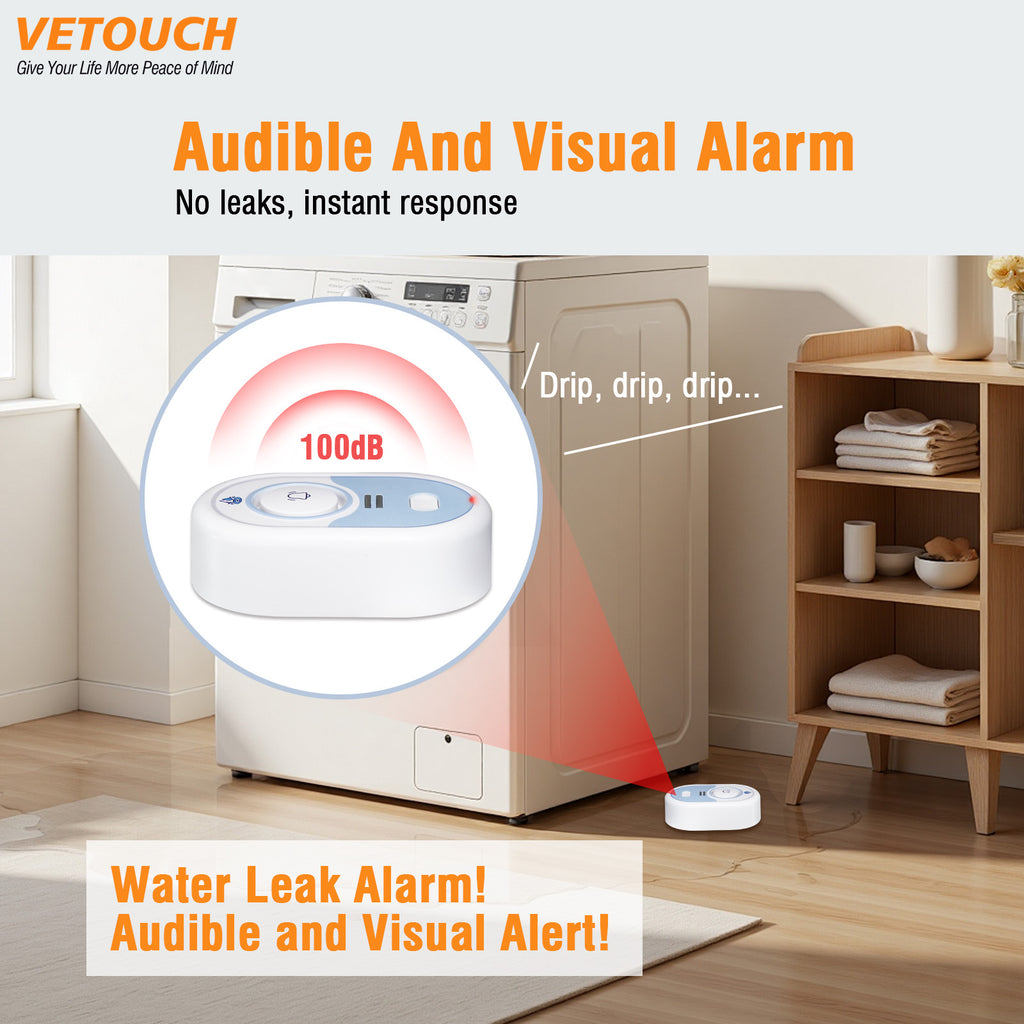 VETOUCH Water Leak Detector, 100dB Alarm, IP66, 5-Year Battery, Batteries Included