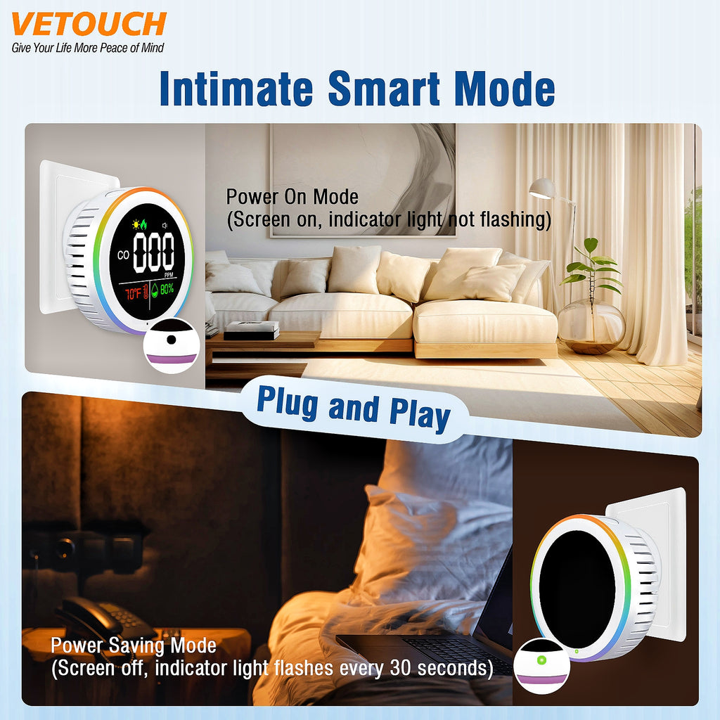 VETOUCH Plug-In CO Detector, Color Ring Light, 3-in-1 Temp/Humidity, 85dB Alarm
