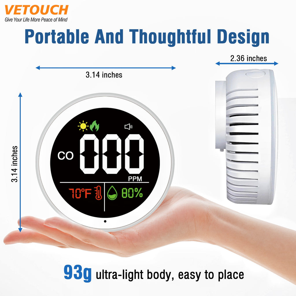 VETOUCH Plug-In CO Detector, Color Ring Light, 3-in-1 Temp/Humidity, 85dB Alarm