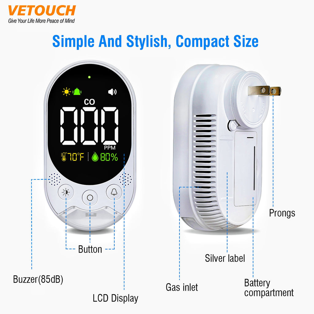 VETOUCH Plug-In CO Detector, Battery Backup, 3-in-1 Temp/Humidity, Emergency Light, 85dB Alarm