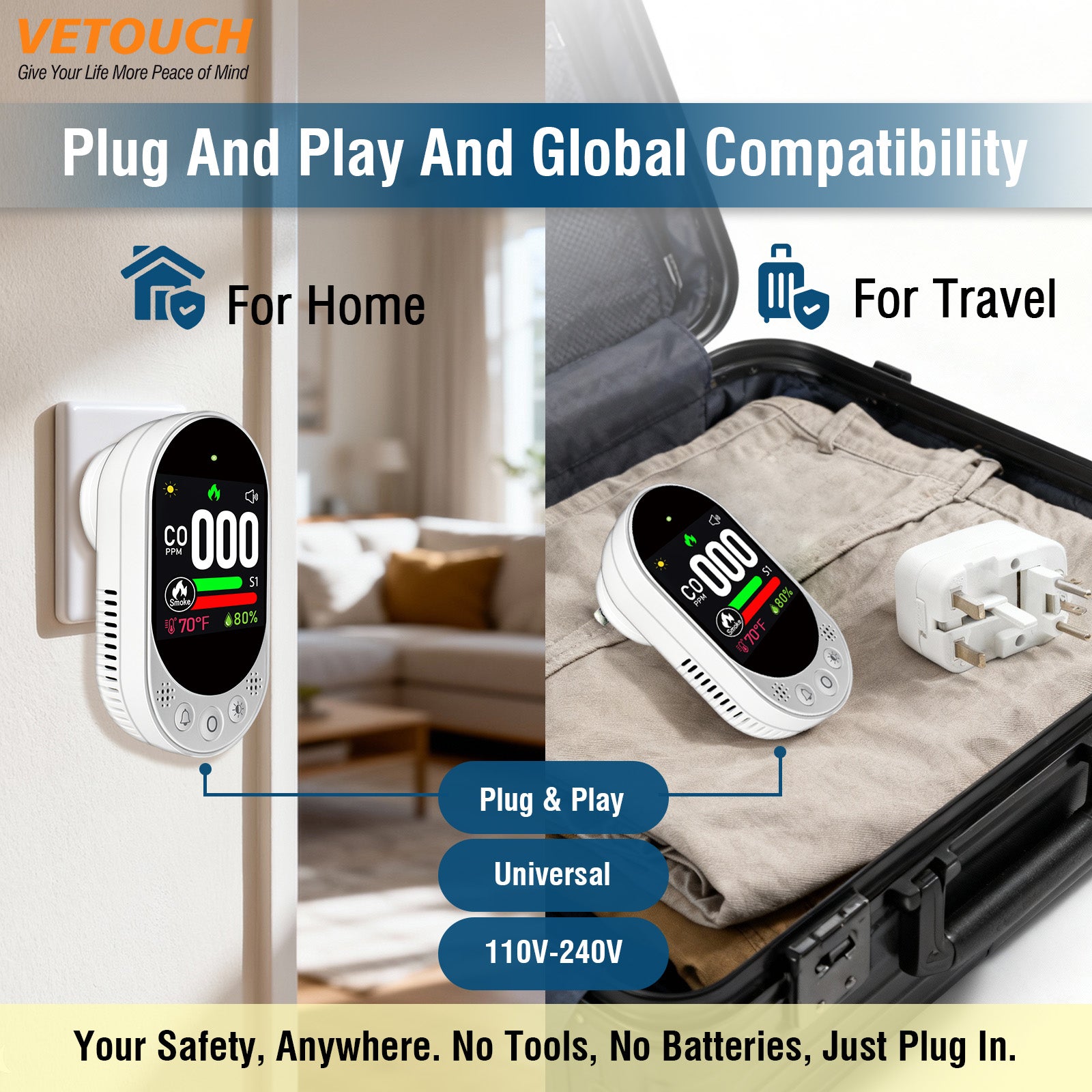 VETOUCH 4-in-1 Plug-In CO Smoke Detector with Temp Humidity, 1.83" Screen, 85dB Alarm, for Home