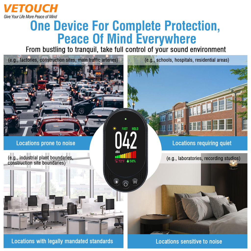 VETOUCH Plug-In Noise Detector with Temp/Humidity, 30-130dB, 1.83" Display, for Home Office RV