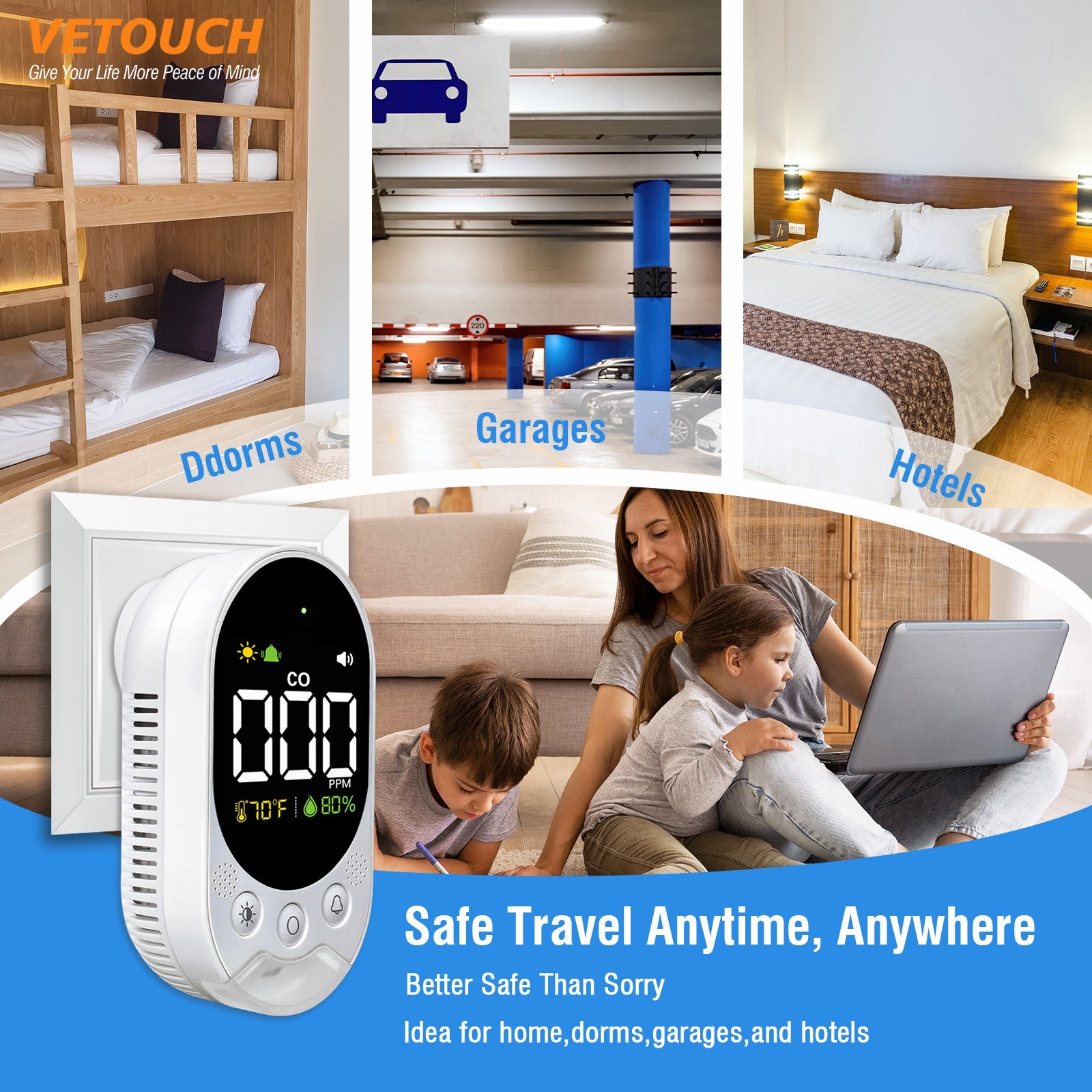 VETOUCH Plug-In CO Detector, Battery Backup, 3-in-1 Temp/Humidity, Emergency Light, 85dB Alarm