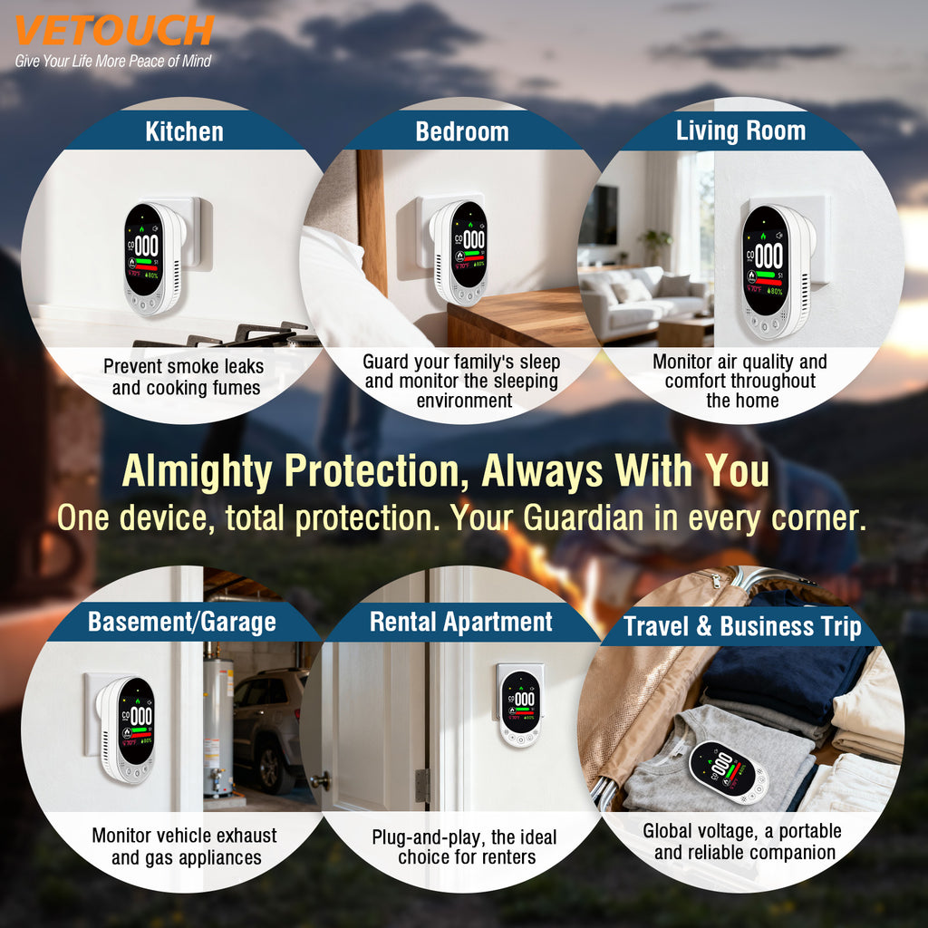 VETOUCH 4-in-1 Plug-In CO Smoke Detector with Temp Humidity, 1.83" Screen, 85dB Alarm, for Home