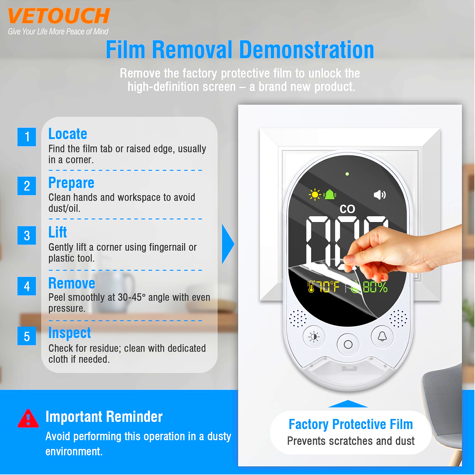 VETOUCH Plug-In CO Detector, Battery Backup, 3-in-1 Temp/Humidity, Emergency Light, 85dB Alarm