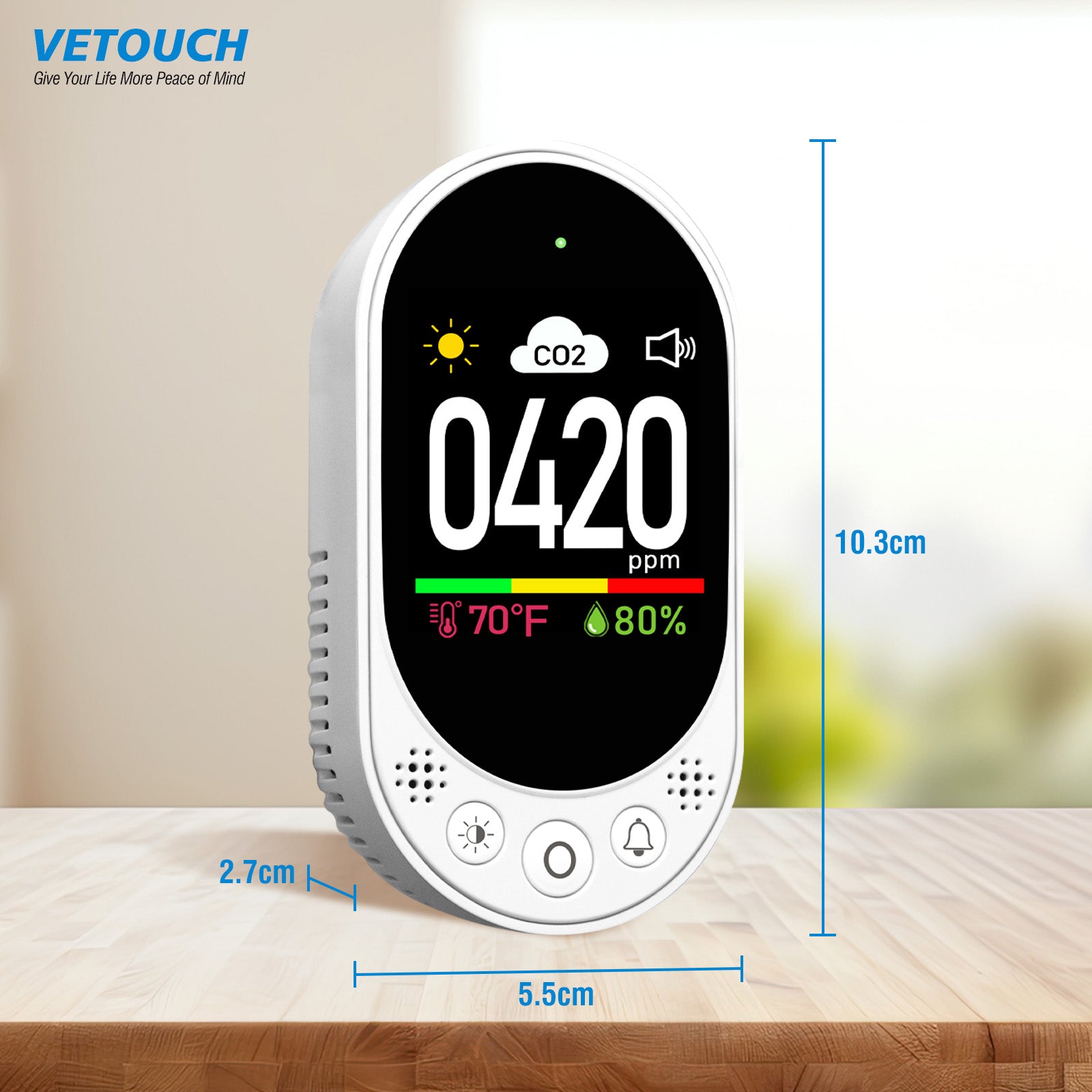 VETOUCH Plug-In CO2 Detector with Temp/Humidity, 400-4999ppm, 1.83" Display, Adjustable Alarm, for Home Office RV